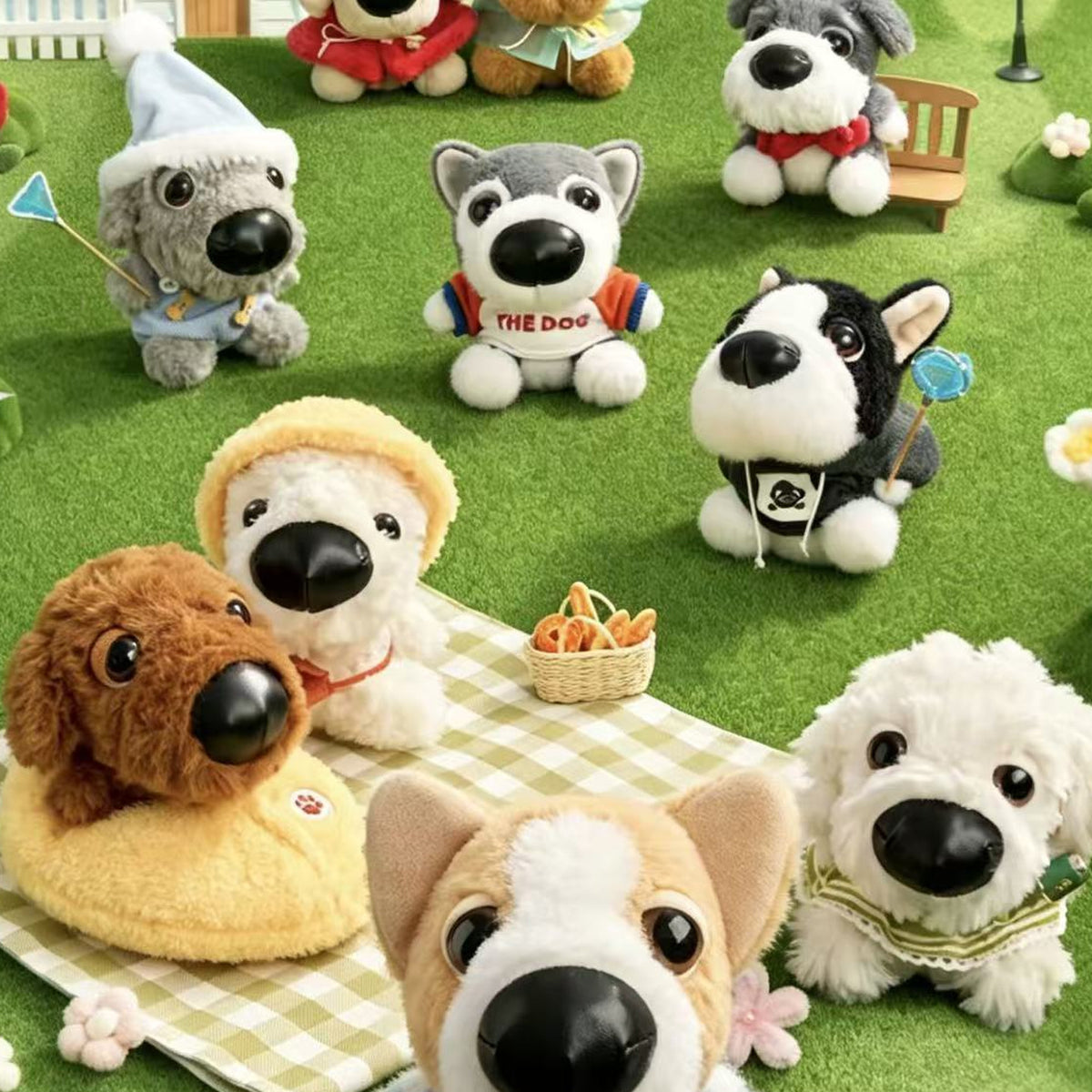 DOGGY OOTD Series Plush Pendant Blind Box - Series group with complete plush examples; random design not guaranteed