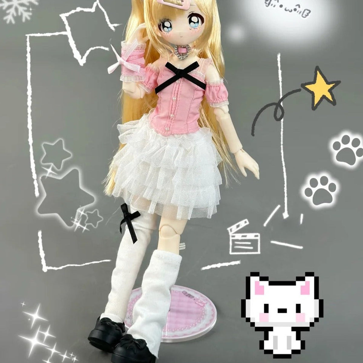 Don't Touch My Bangs Series Action Figure BJD Blind Box - Pink-outfit BJD action figure detail with upper head cropped; random design not guaranteed