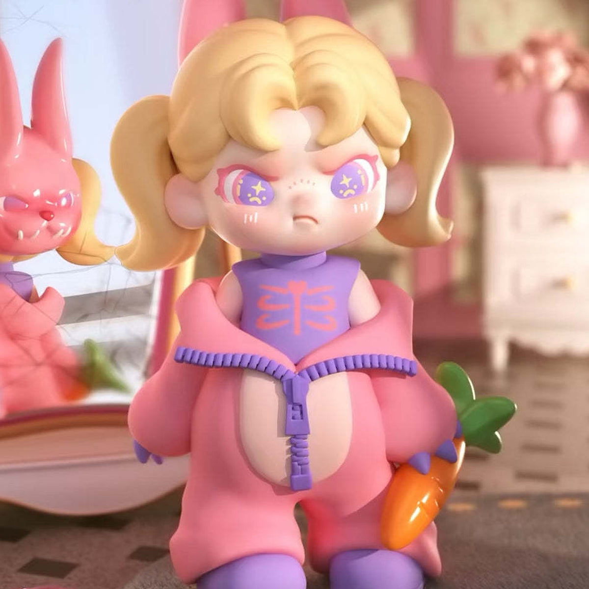 Dora An Ideal World Series PVC Figures, Blind Box - Blond Dora figure in pink rabbit-themed outfit; upper ears and lower shoes cropped; random design not guaranteed; display props not included