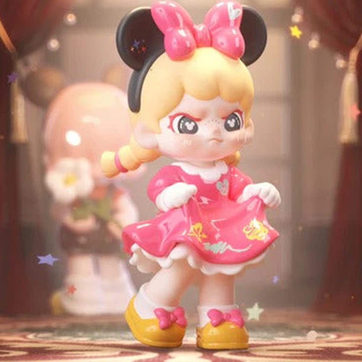 DORA LOVES MlCKEY Series Figures, Blind Box - Complete pink-dress figure example with bow and round ears; random design not guaranteed