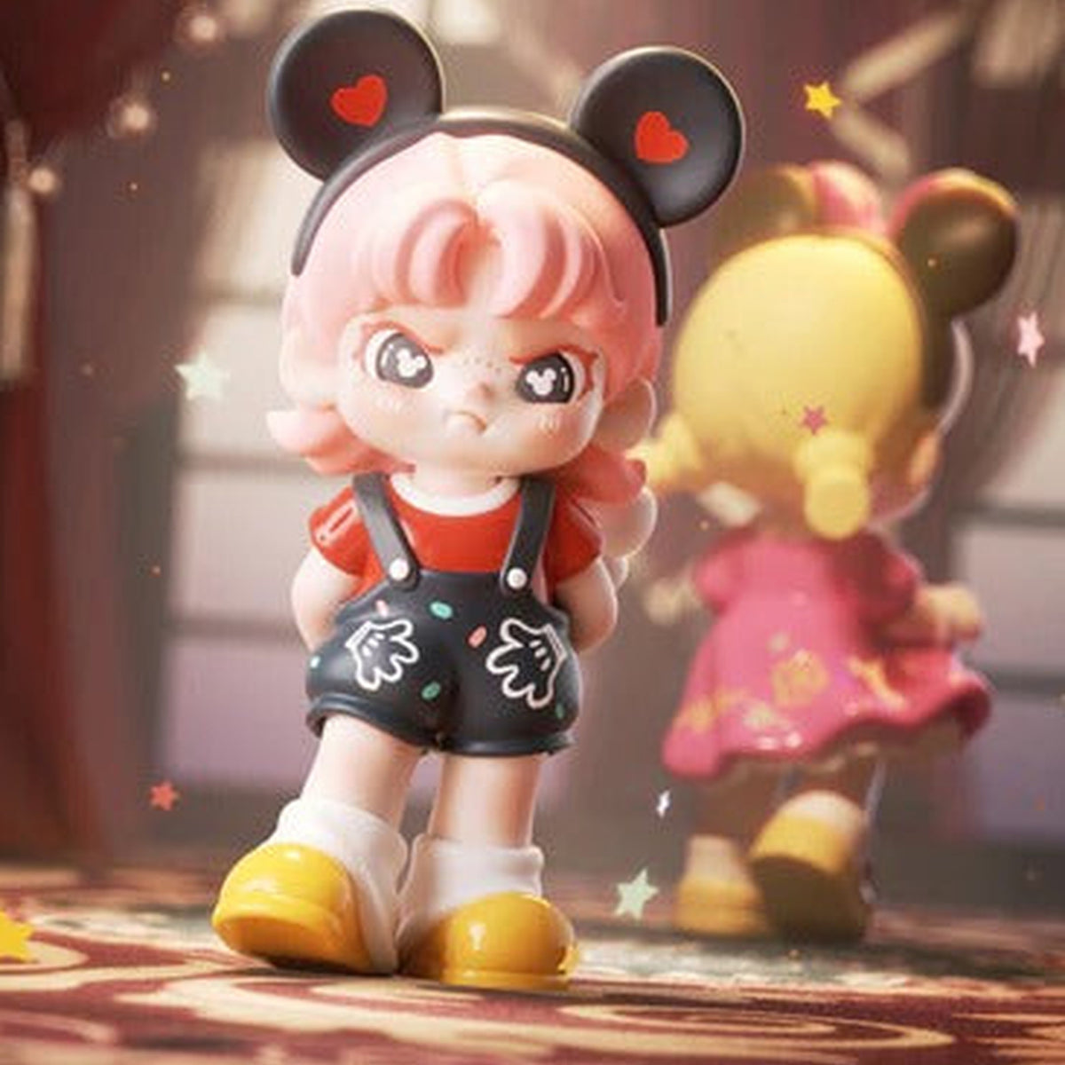 DORA LOVES MlCKEY Series Figures, Blind Box - Complete black-overall figure example with round ears; background figure partially obscured; random design not guaranteed