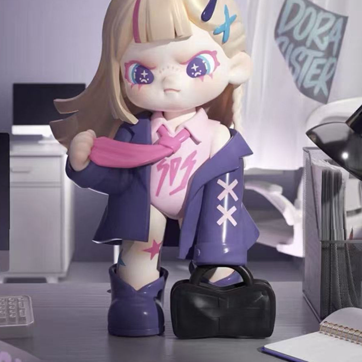 DORA On My Way series design example in a purple jacket with a bag; random design is not selectable