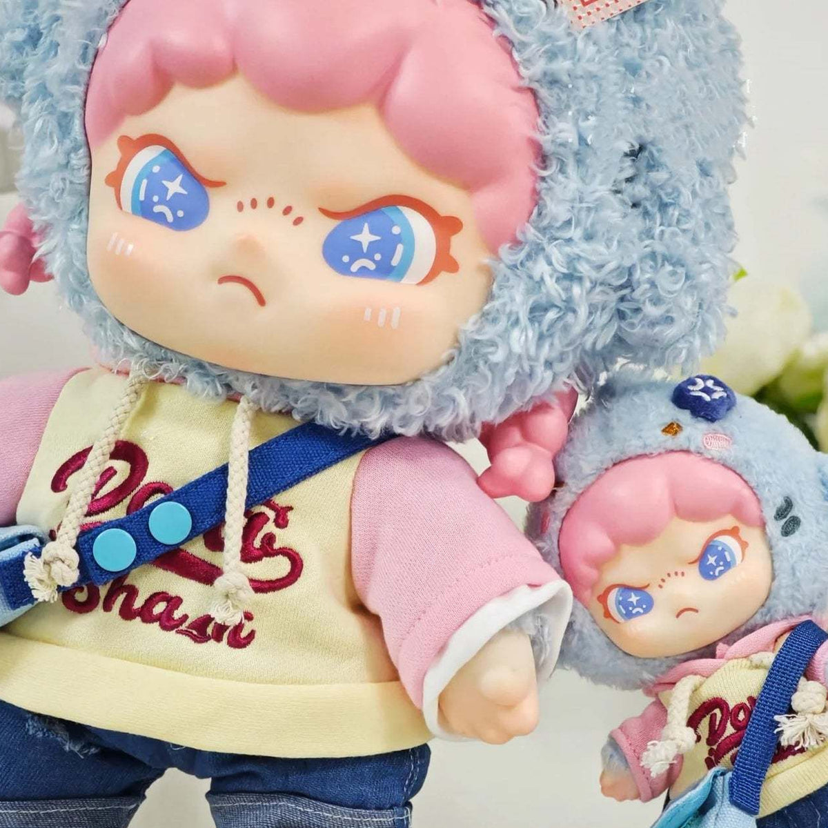 Dora Sharky Lala Girl Vinyl Plush Doll & Pendant - Large doll and small pendant detail comparison, cropped; selected option supplies one item; selected format supplies one item