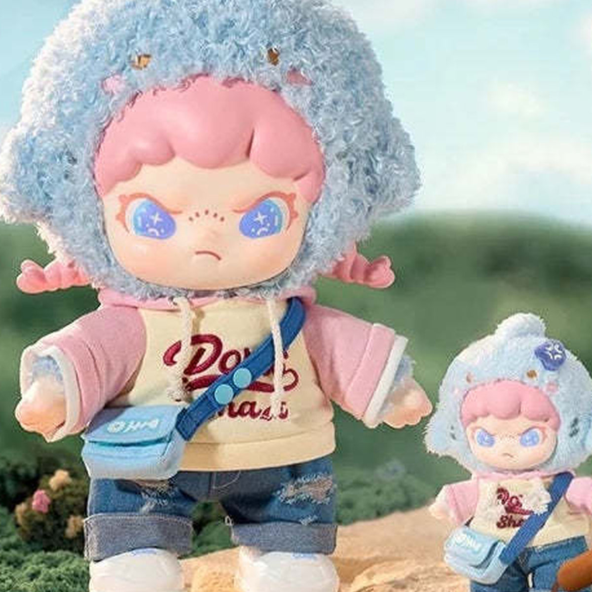 Dora Sharky Lala Girl Vinyl Plush Doll & Pendant - Large doll and small pendant comparison with complete large doll and partly cropped small pendant; one selected item supplied; selected format supplies one item