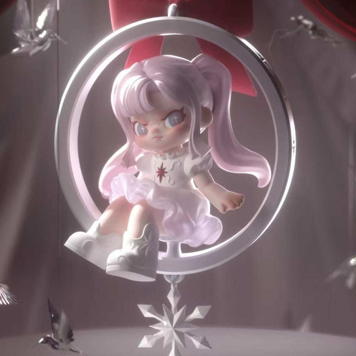 DORA The Wonderful Night Series Figure Blind Box - Figure example seated inside ring display with upper bow cropped; random design not guaranteed