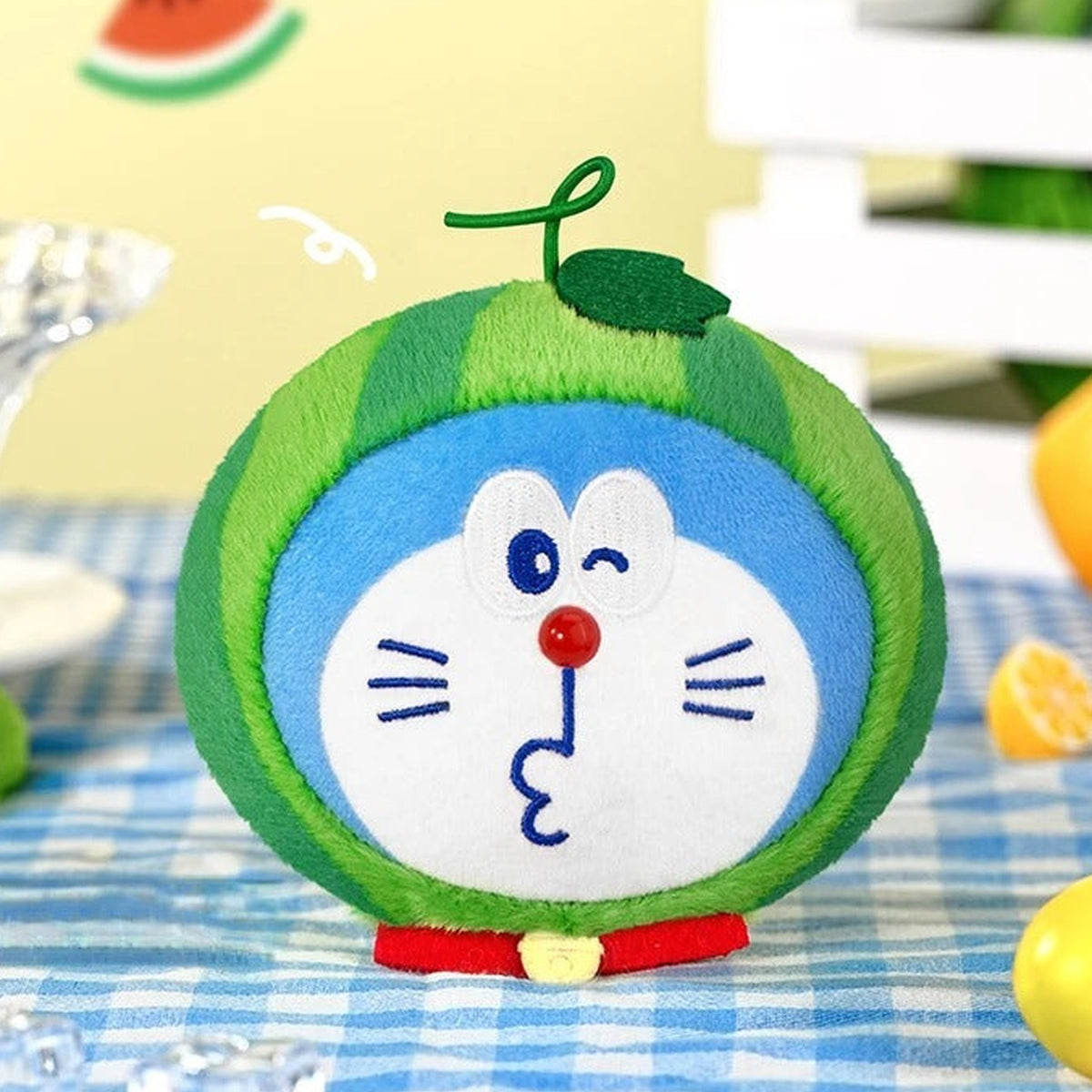 Doraemon Lucky Fruit V1 Series Plush Pendant Blind Box - Complete green fruit plush pendant example; display props not included; random design not guaranteed