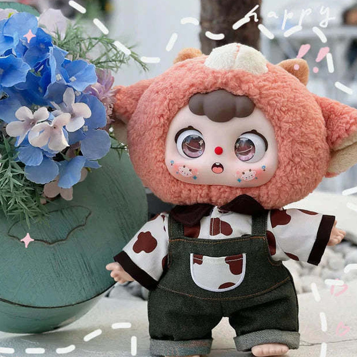 DOUBAO 400% Disappearing Burger Series Plush Blind Box - Brown-eared plush design with cow-pattern shirt and dark overalls; lower left foot cropped; random design not guaranteed; display props not included