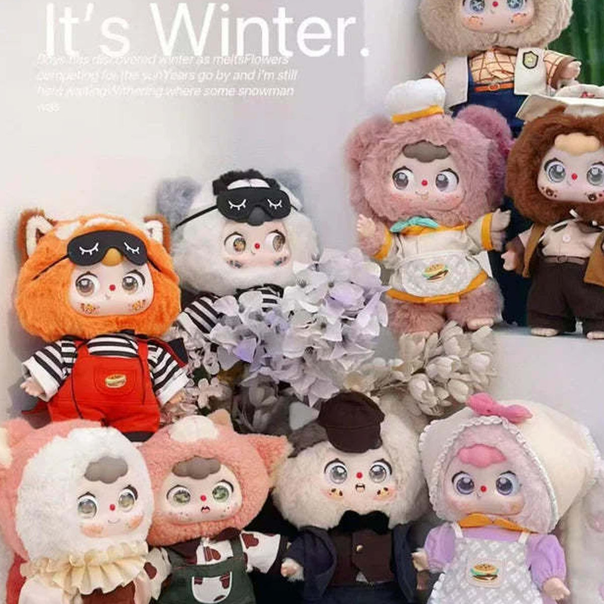 DOUBAO 400% Disappearing Burger Series Plush Blind Box - Series group scene; some figures obscured or cropped, not a supplied multi-item set; random design not guaranteed; display props not included