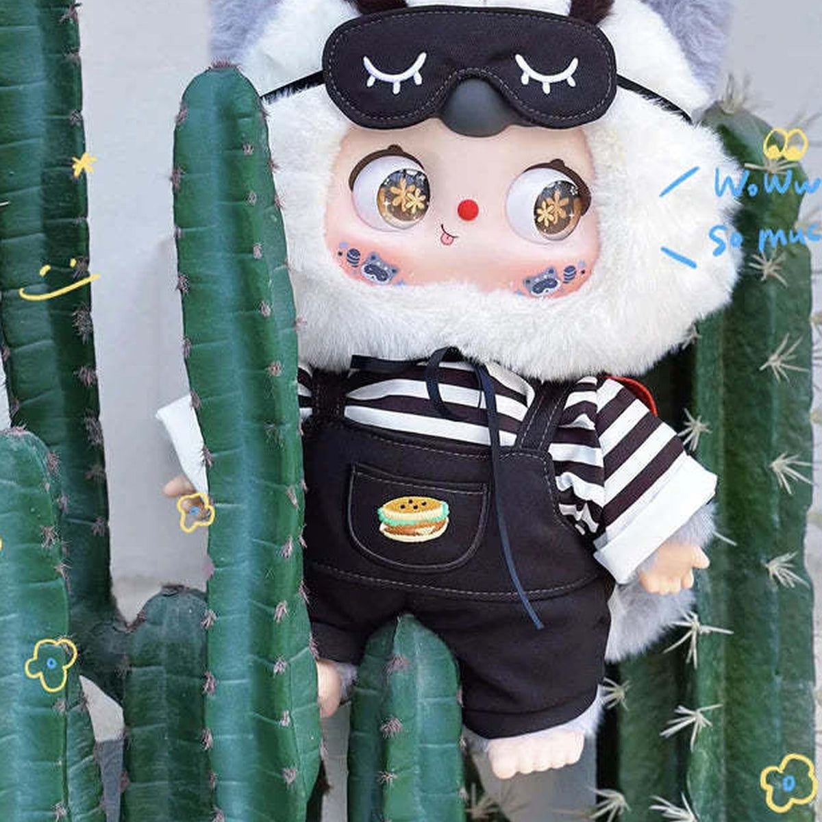 DOUBAO 400% Disappearing Burger Series Plush Blind Box - Black-and-white hooded plush design with sleep mask and dark overalls; upper head and ears cropped; random design not guaranteed; display props not included