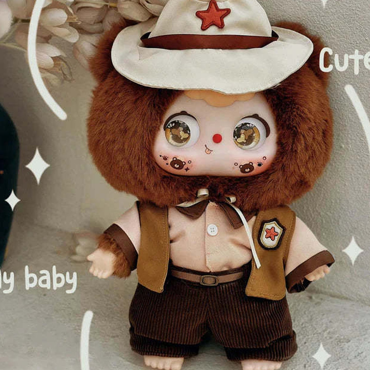 DOUBAO 400% Disappearing Burger Series Plush Blind Box - Brown hooded plush design in pale star hat and western-style outfit; upper hat cropped; random design not guaranteed; display props not included