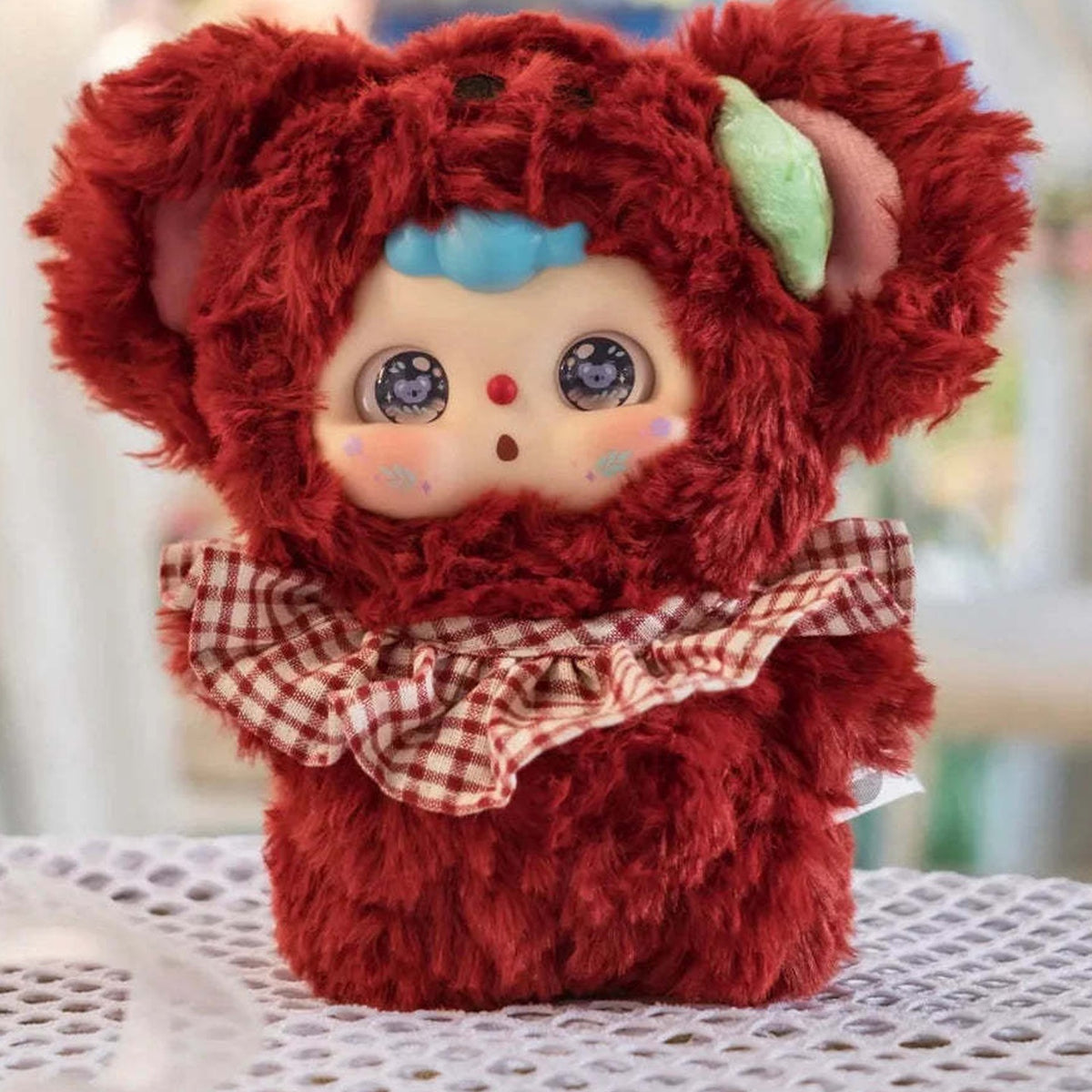 DOUBAO Animal Series Plush Dolls, Blind Box - Red plush example with scarf and visible lower body; random design not guaranteed