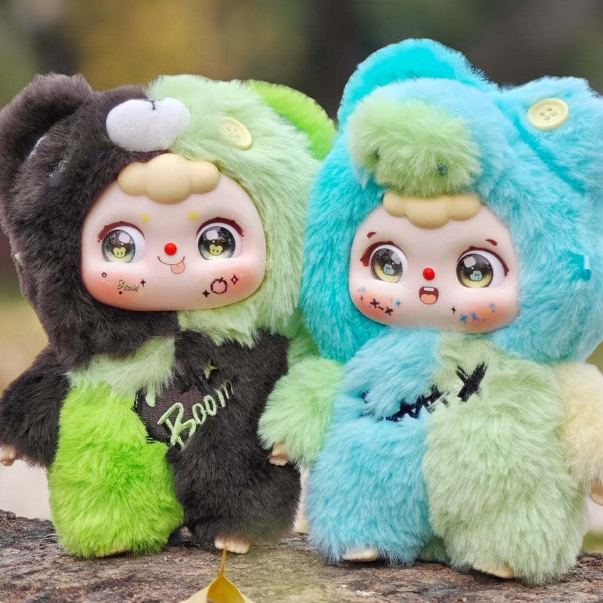 Doubao Y2K Party Series Plush Dolls, Blind Box - Series comparison with complete left black and green plush doll and cropped outer right edge; random design not guaranteed