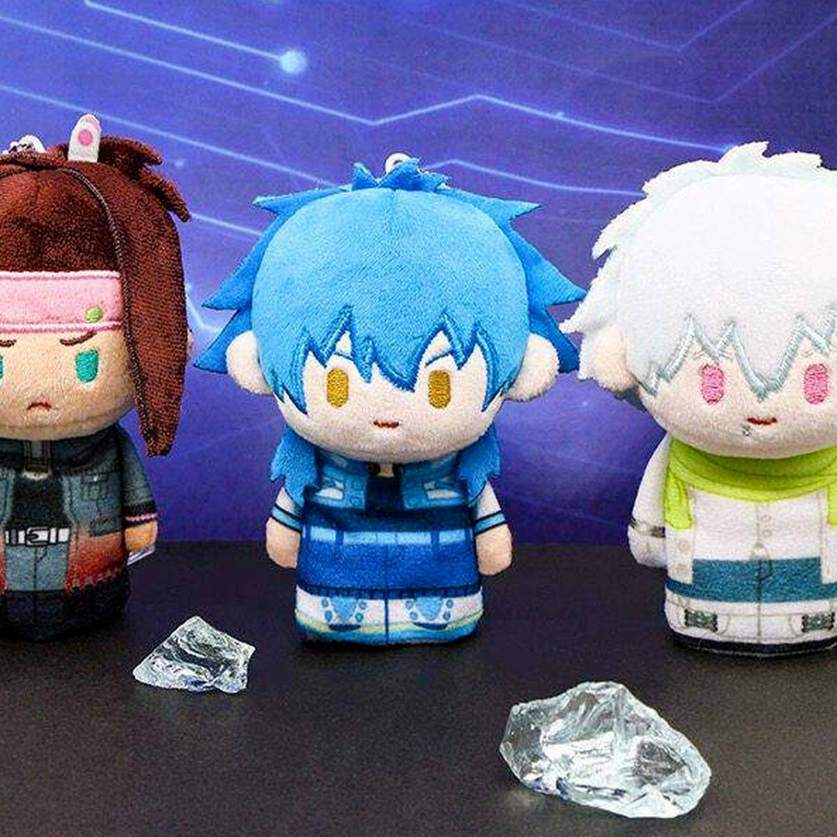 DRAMAtical Murder Series Plush Finger Puppet Blind Box - Complete central blue-haired plush finger puppet example; outer examples cropped; display props not included; random design not guaranteed