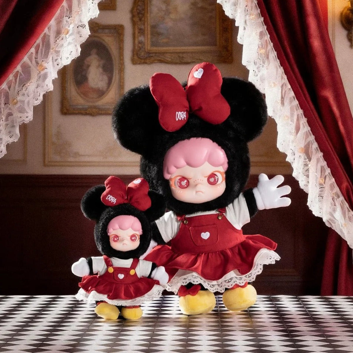 DSN DORA Mickey / Minnie Series Plush Pendant Hanging Card - Minnie small pendant beside larger comparison doll; only the selected 20cm S pendant is offered; choose the named 20cm pendant; display props not included