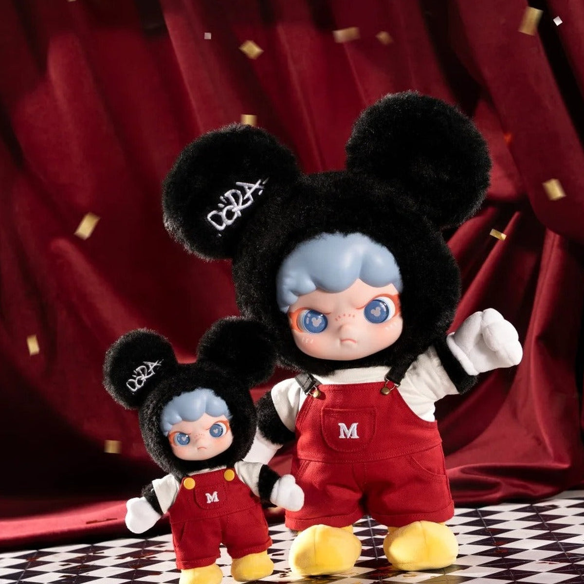 DSN DORA Mickey / Minnie Series Plush Pendant Hanging Card - Mickey small pendant beside larger comparison doll; small shoes cropped, complete small view supplied separately; choose the named 20cm pendant; display props not included