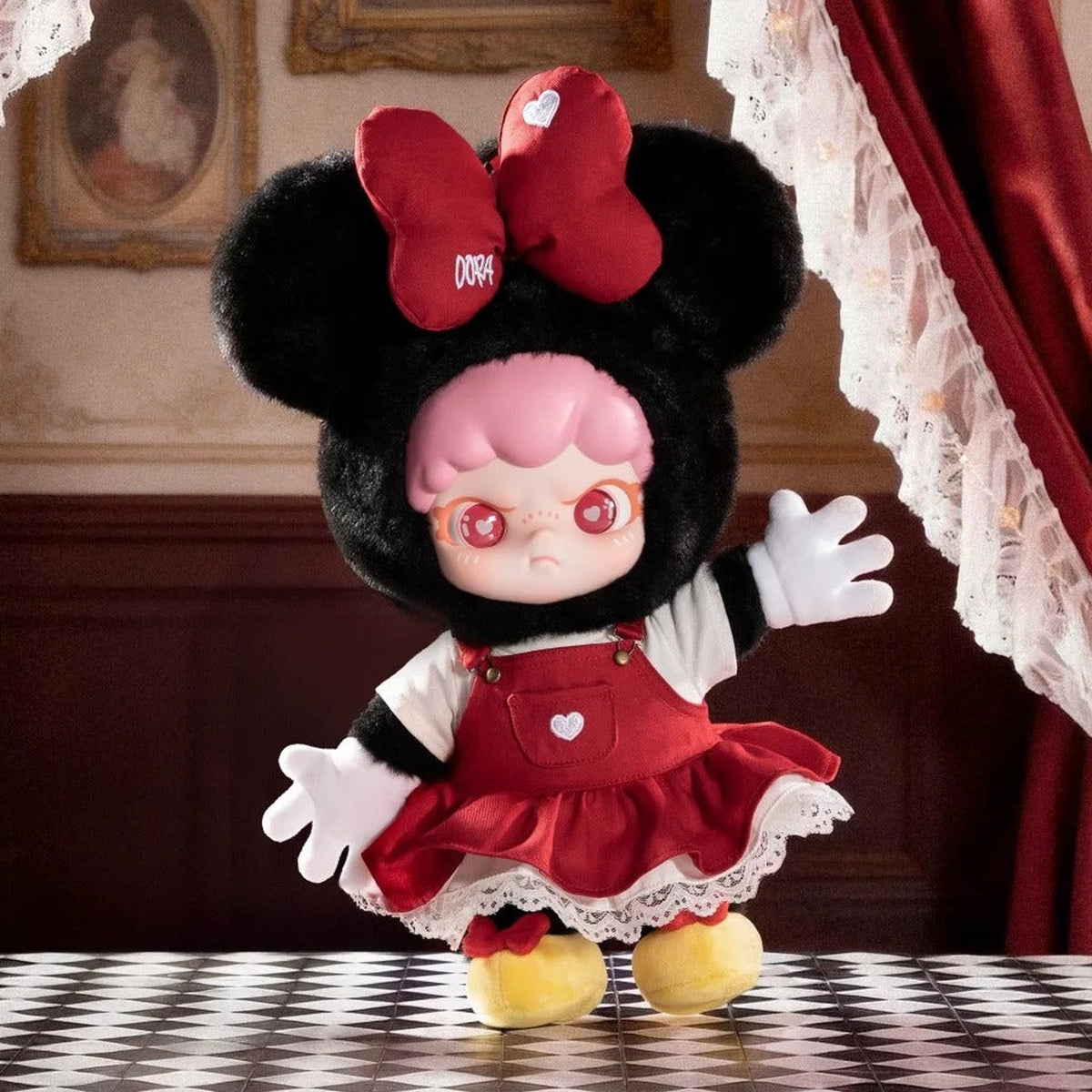 DSN DORA Mickey / Minnie Series Plush Pendant Hanging Card - Larger Minnie comparison doll; this larger size is not an offered purchase option; choose the named 20cm pendant; display props not included