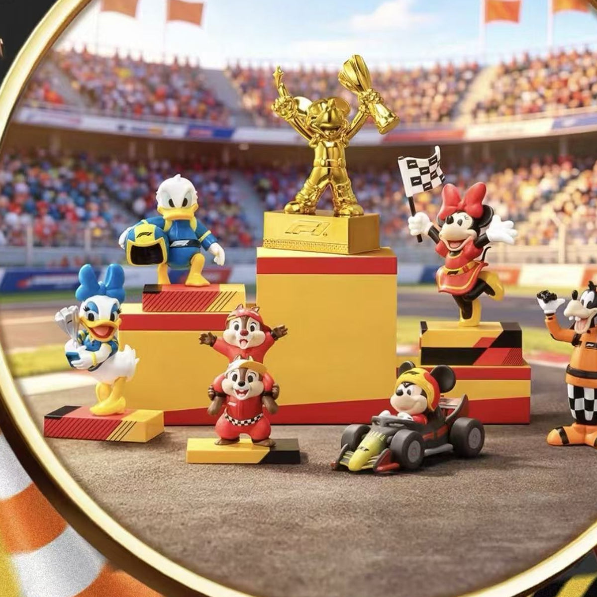 DSN Formula 1 Mickey Friends Race Day Series Figure Blind Box - Series race podium display with complete central figure examples; random design not guaranteed