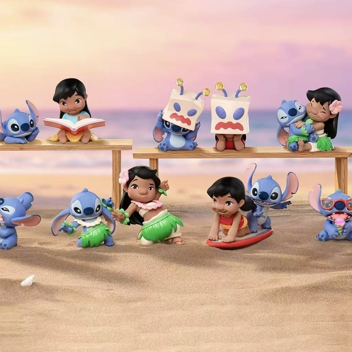 DSN Lilo Stltch Happy Daily Life Series Figure Blind Box - Series scene display with complete central Lilo and Stitch design examples; random design not guaranteed