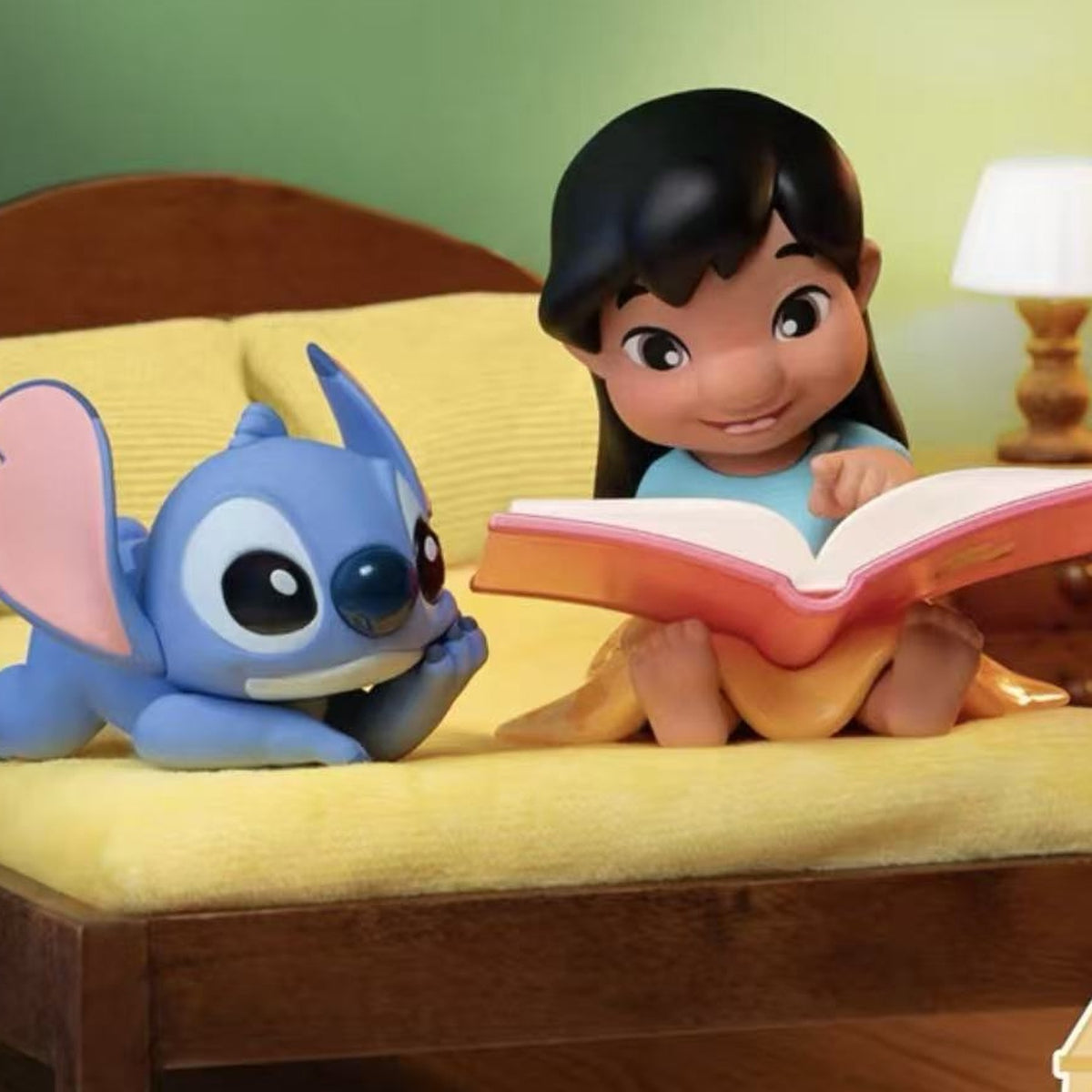 DSN Lilo Stltch Happy Daily Life Series Figure Blind Box - Lilo and Stitch bedtime story scene detail with outer ear cropped; random design not guaranteed