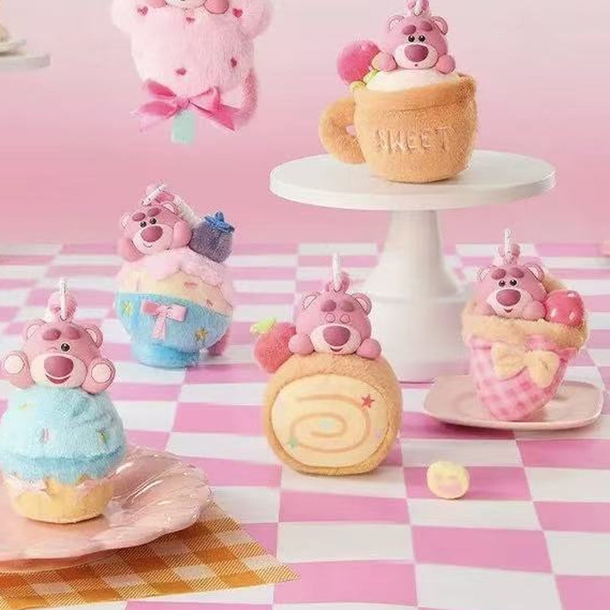 DSN Lotso Dessert Party Series Plush Pendant Blind Box - Series overview with complete central dessert plush pendant examples; random design not guaranteed