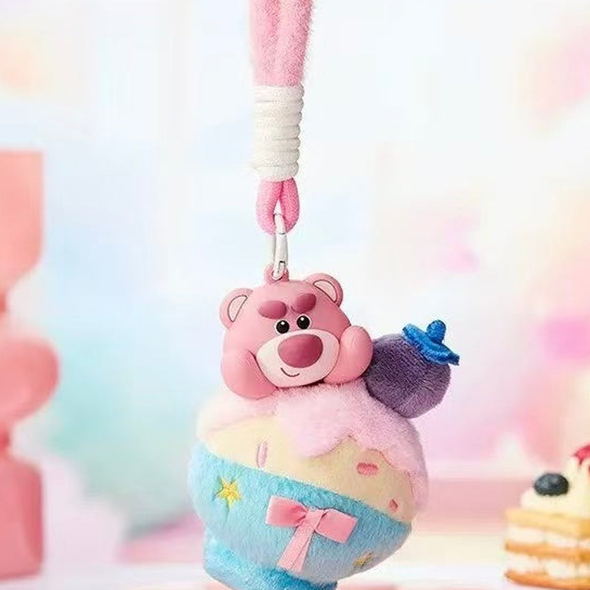 DSN Lotso Dessert Party Series Plush Pendant Blind Box - Blue cupcake plush pendant detail with upper strap and lower body cropped; random design not guaranteed