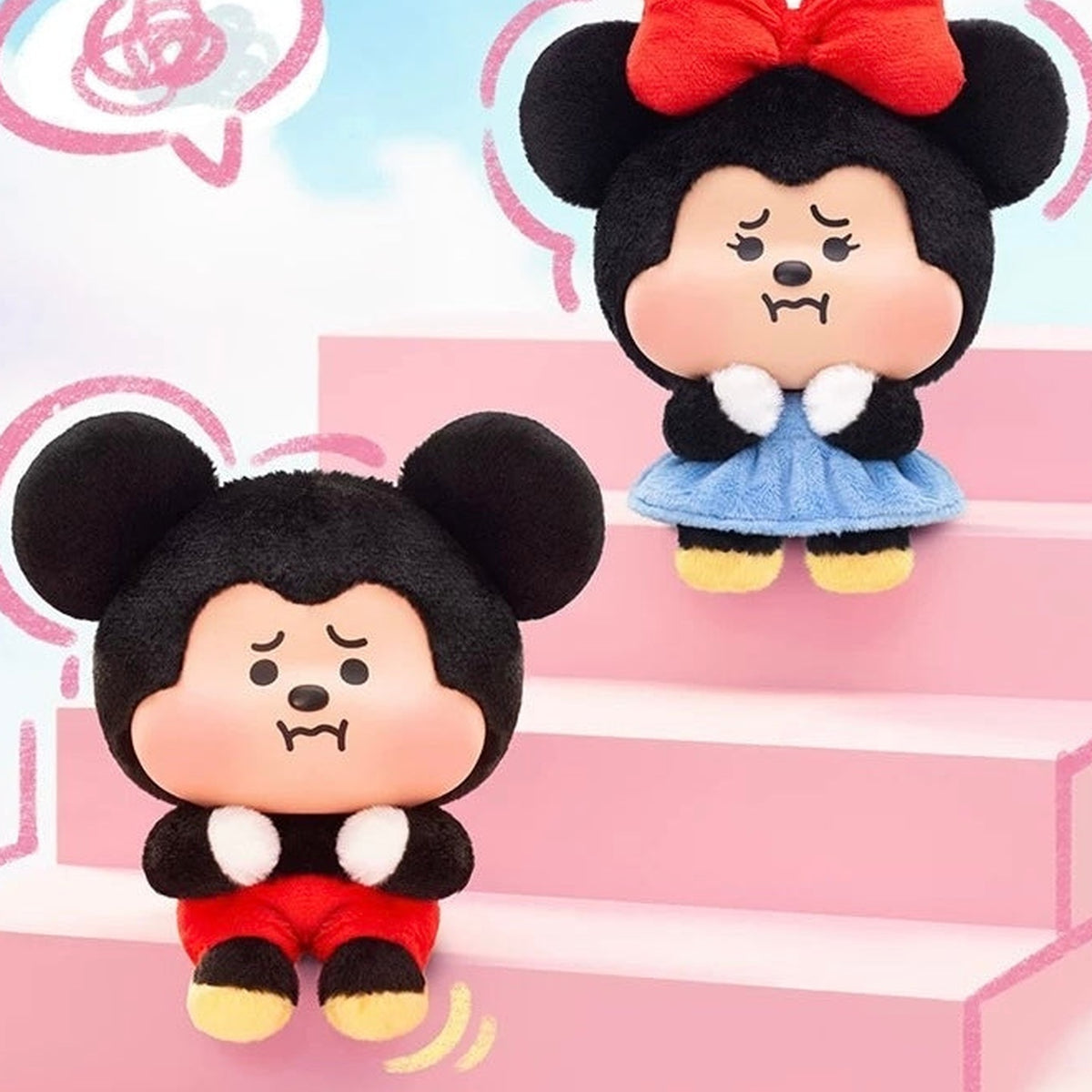 DSN Mickey Minnie Pouty Series Plush Pendant Blind Box - Complete central Minnie plush pendant example with adjacent Mickey example cropped; random design not guaranteed