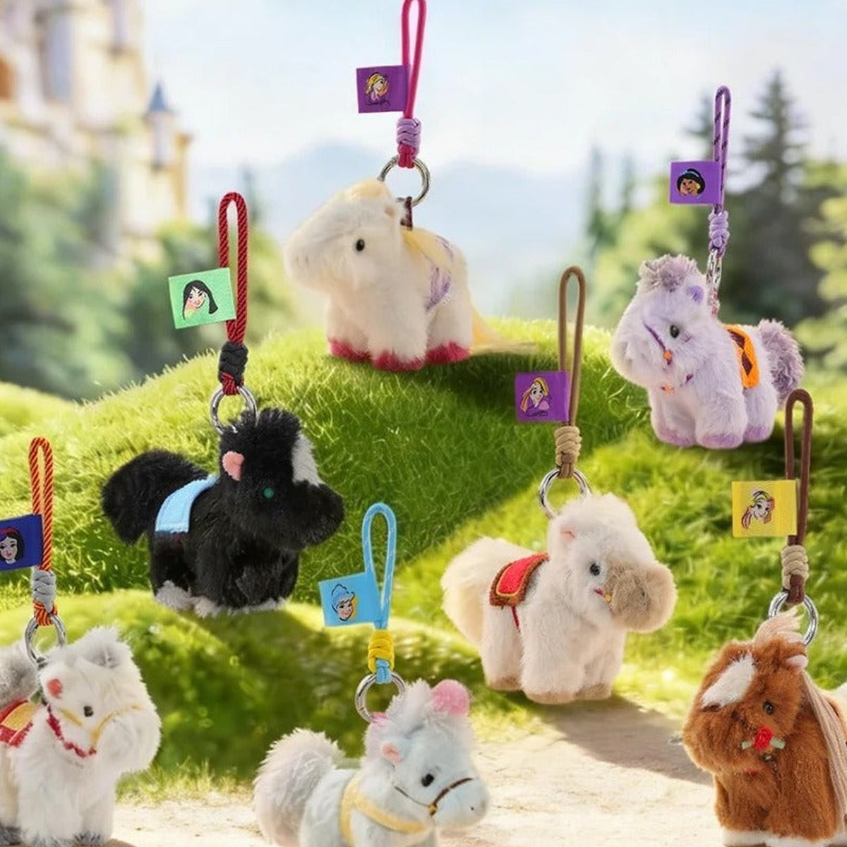 DSN Princess Pony Pals Series Plush Pendant Blind Box - Series overview with complete central pony plush pendant examples and outer examples cropped; display props not included; random design not guaranteed