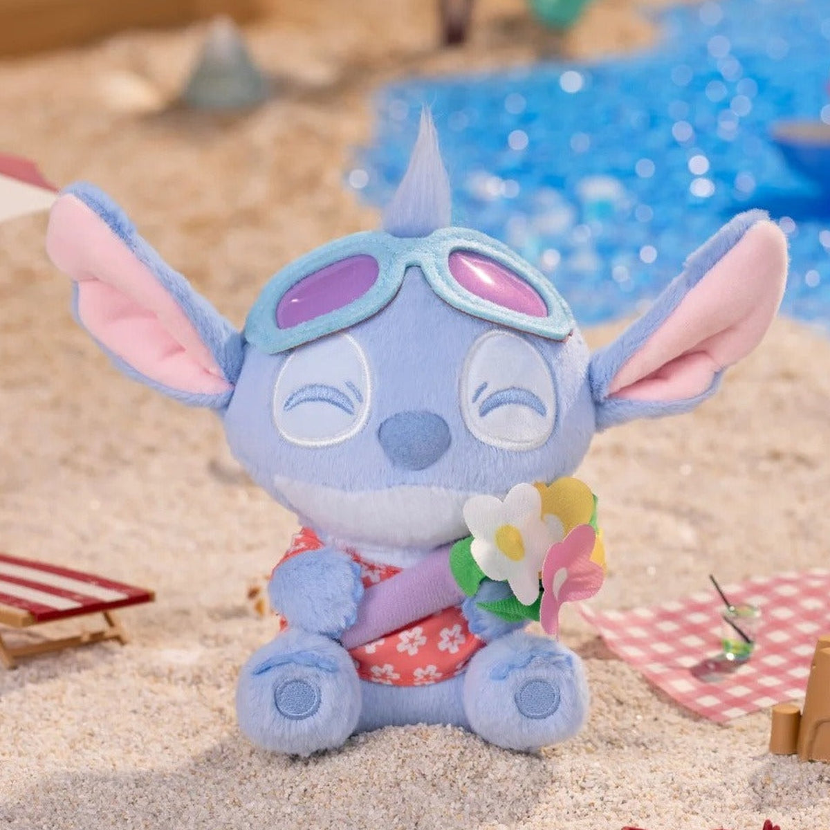 DSN Stitch Summer Beach Series Plush Pendant Blind Box - Complete flower-shirt Stitch plush pendant example; random design not guaranteed