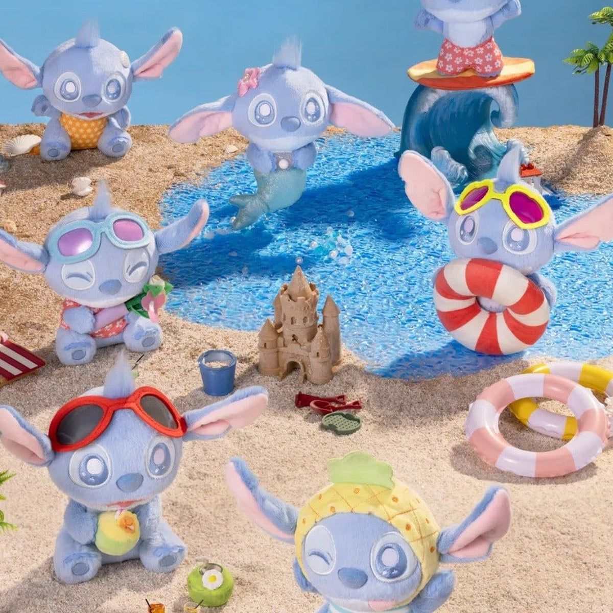 DSN Stitch Summer Beach Series Plush Pendant Blind Box - Summer Beach group with complete central plush pendant examples and outer crops; random design not guaranteed
