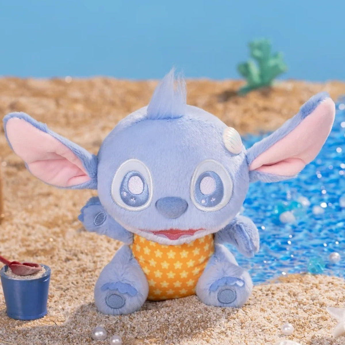DSN Stitch Summer Beach Series Plush Pendant Blind Box - Complete orange-outfit Stitch plush pendant example; random design not guaranteed