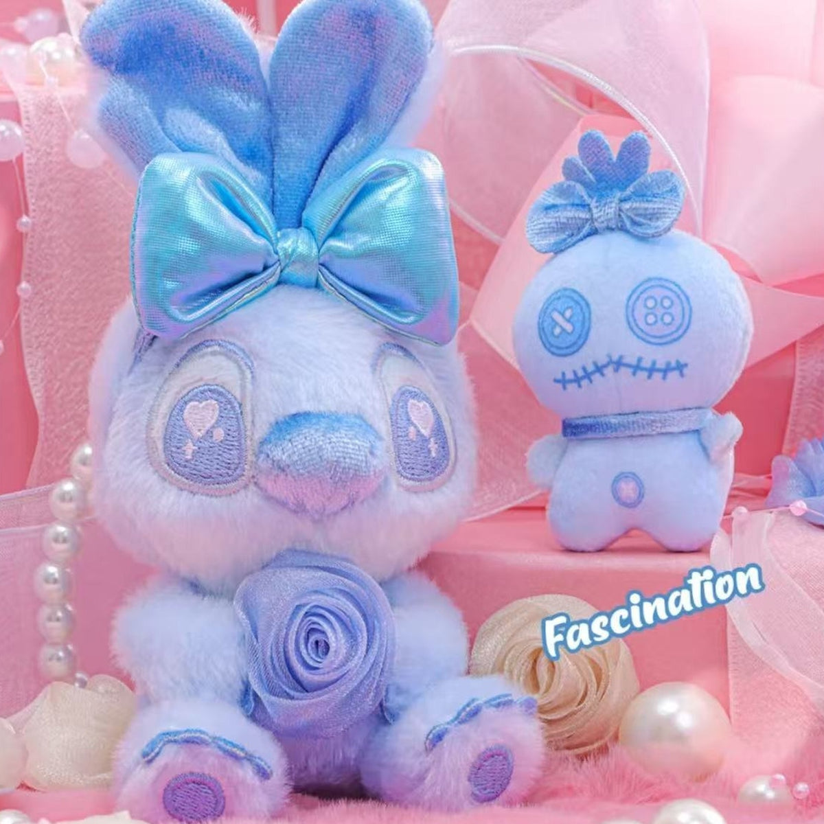 DSN STITCH Lovey Rosey Series Cosbi Plush Keychain Blind Box - Blue STITCH design and smaller character with matching bow; upper ears cropped; random design not guaranteed; display props not included