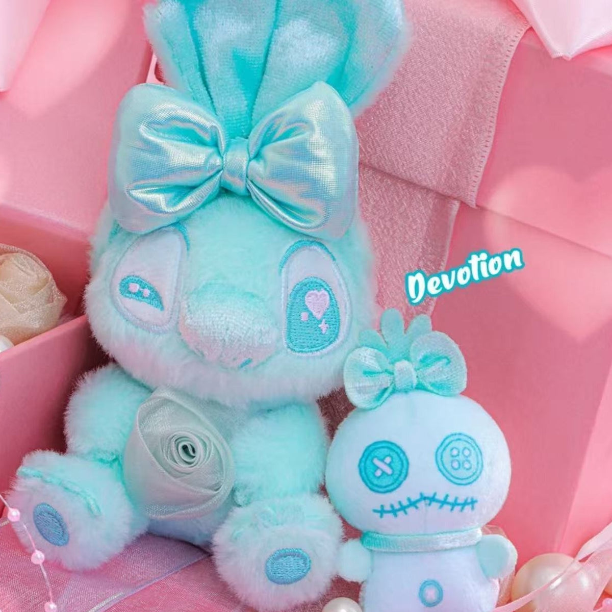 DSN STITCH Lovey Rosey Series Cosbi Plush Keychain Blind Box - Mint STITCH design with matching smaller character; upper ears cropped; random design not guaranteed; display props not included
