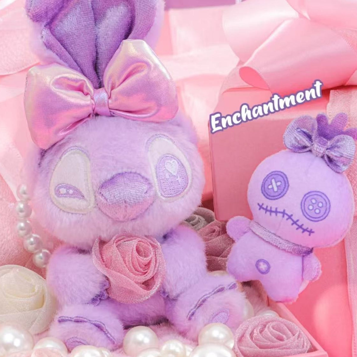 DSN STITCH Lovey Rosey Series Cosbi Plush Keychain Blind Box - Purple STITCH design and smaller character with matching bow; upper ears cropped; random design not guaranteed; display props not included
