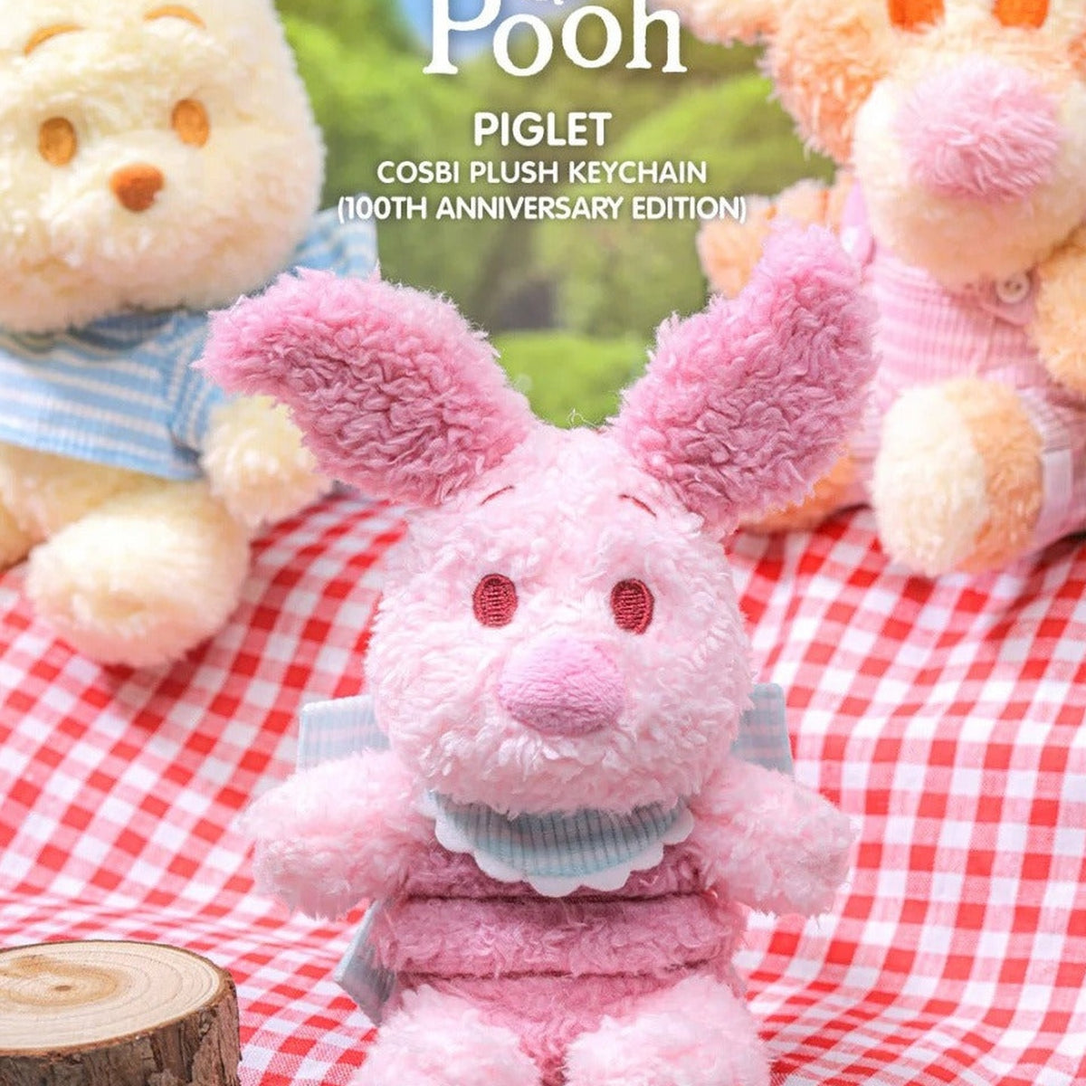 DSN Winnie the Pooh 100th Anniversary Edition Series Plush Pendant Blind Box - Piglet anniversary plush pendant detail with lower body cropped; random design not guaranteed