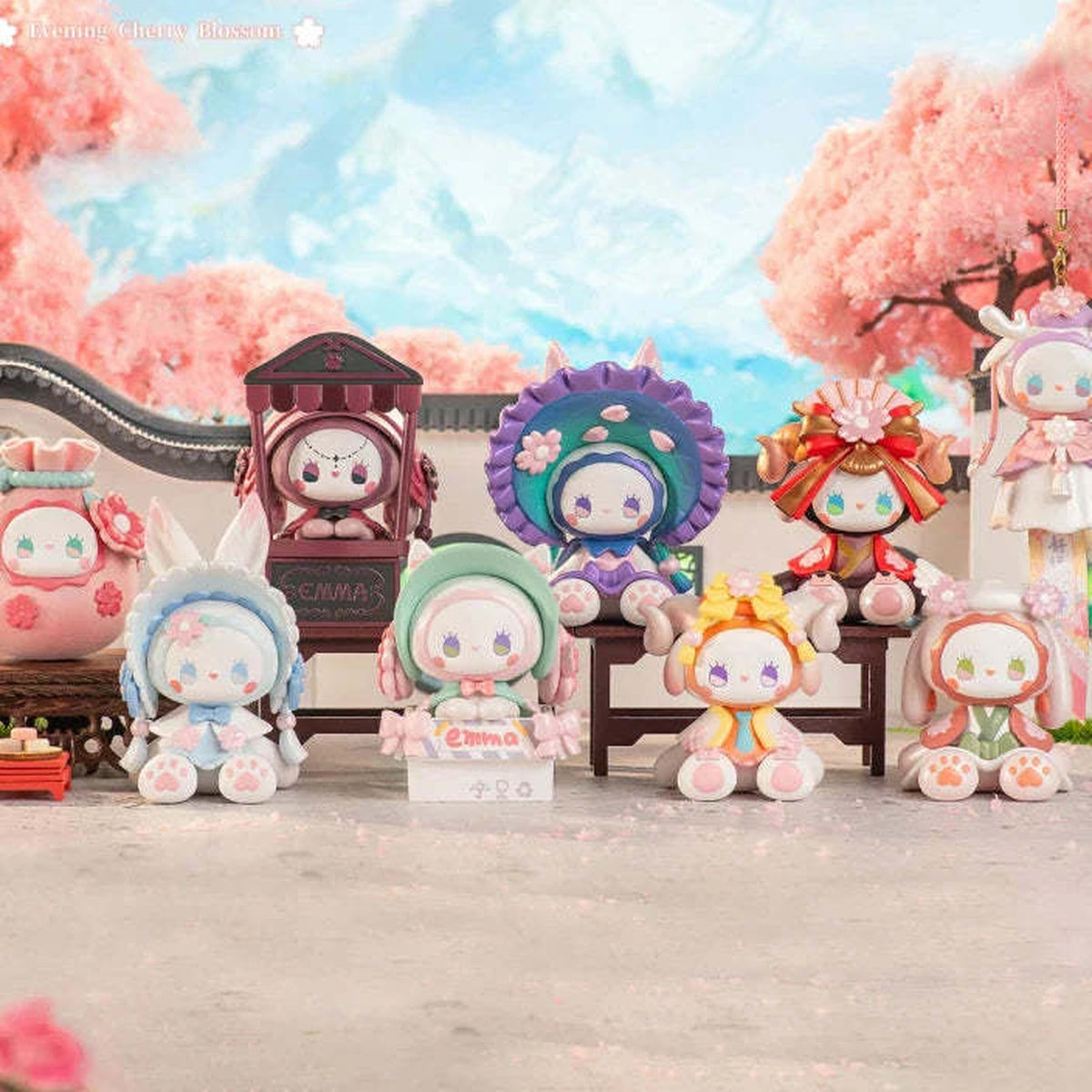 EMMA Secret Forest Cherry Blossom Series Blind Box - Cherry blossom figure comparison with complete central examples and cropped outer examples; random design not guaranteed
