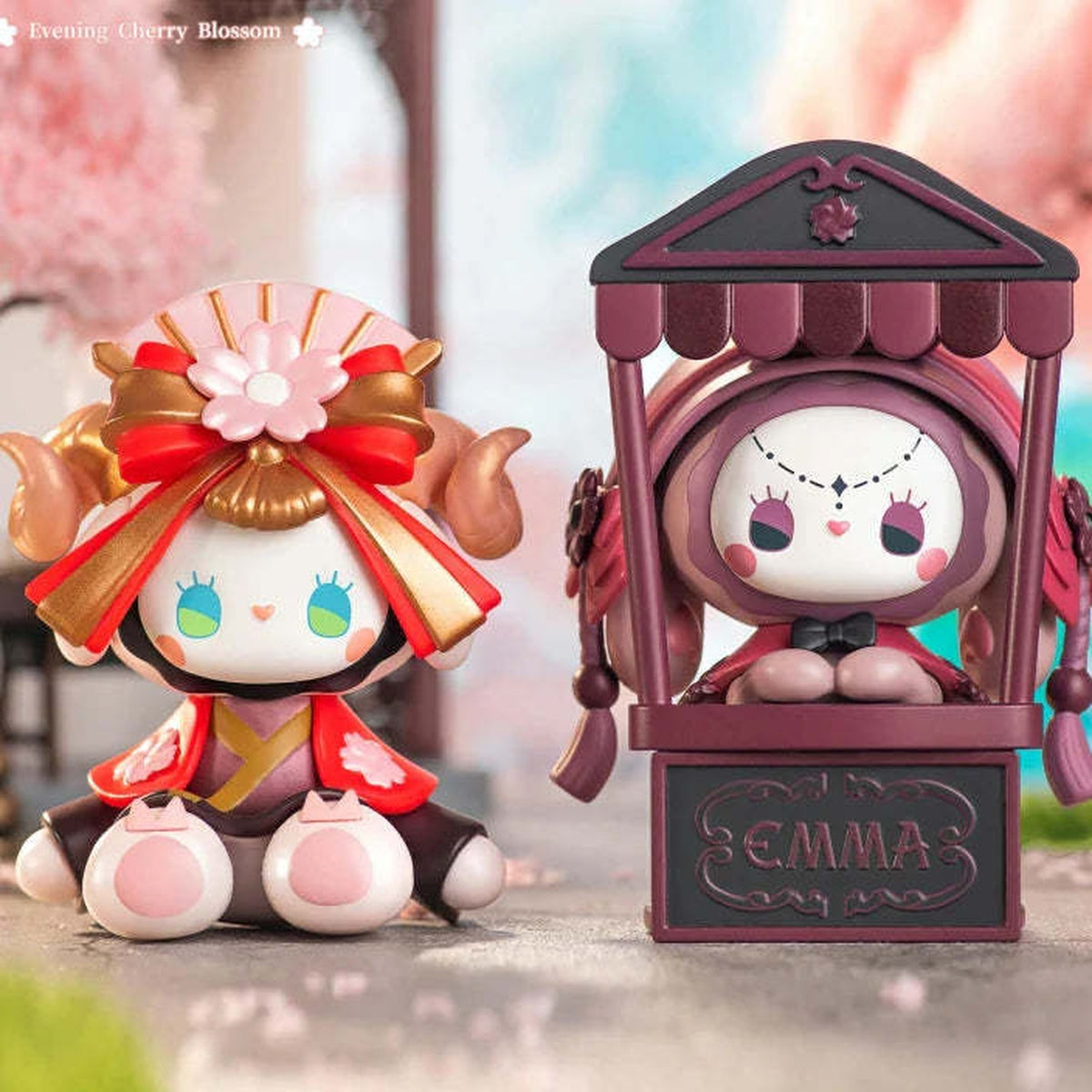 EMMA Secret Forest Cherry Blossom Series Blind Box - Complete figure comparison with red outfit and display structure; random design not guaranteed