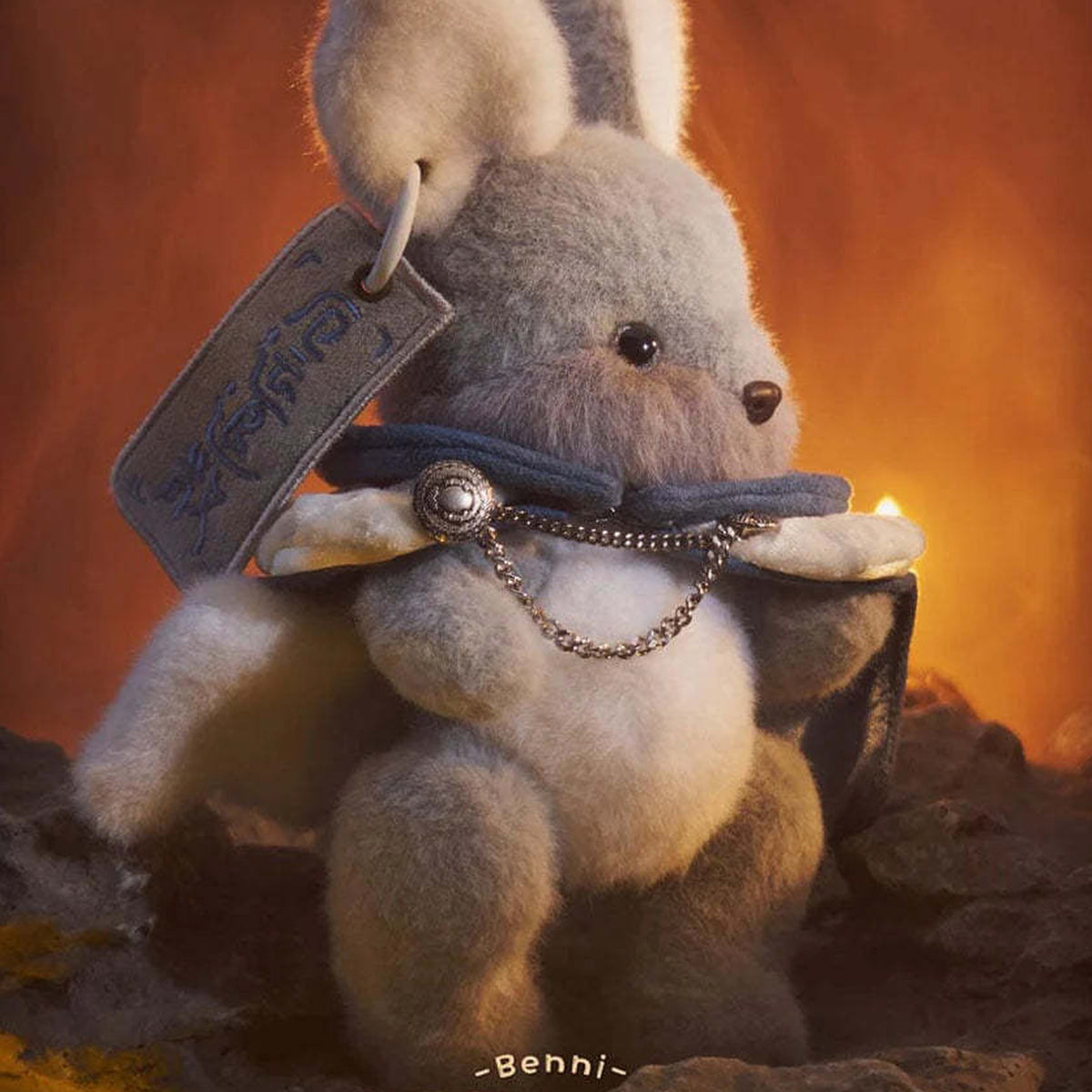 Endless Forest Series Plush Blind Box - Gray rabbit plush with hanging tag and chain-trimmed cape; upper ears cropped; random design not guaranteed; display props not included
