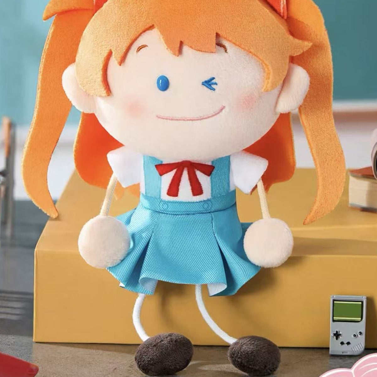 EVANGELION V1 orange-haired plush pendant design example in a classroom; random design, props excluded