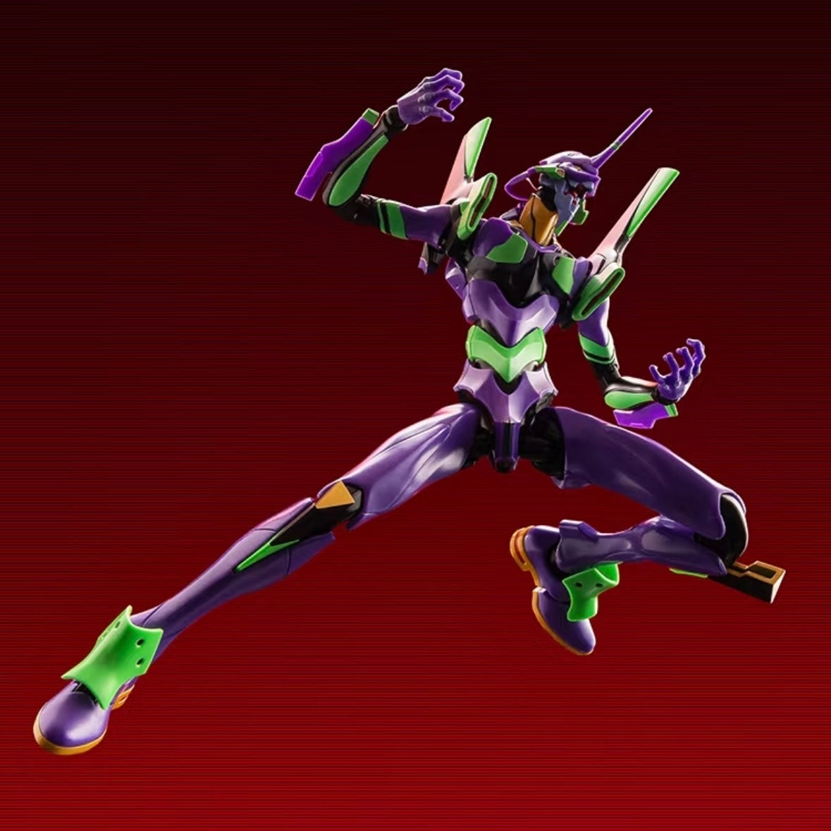 Evangelion EVA-01 confirmed alloy action figure, complete leaping action pose against a red background