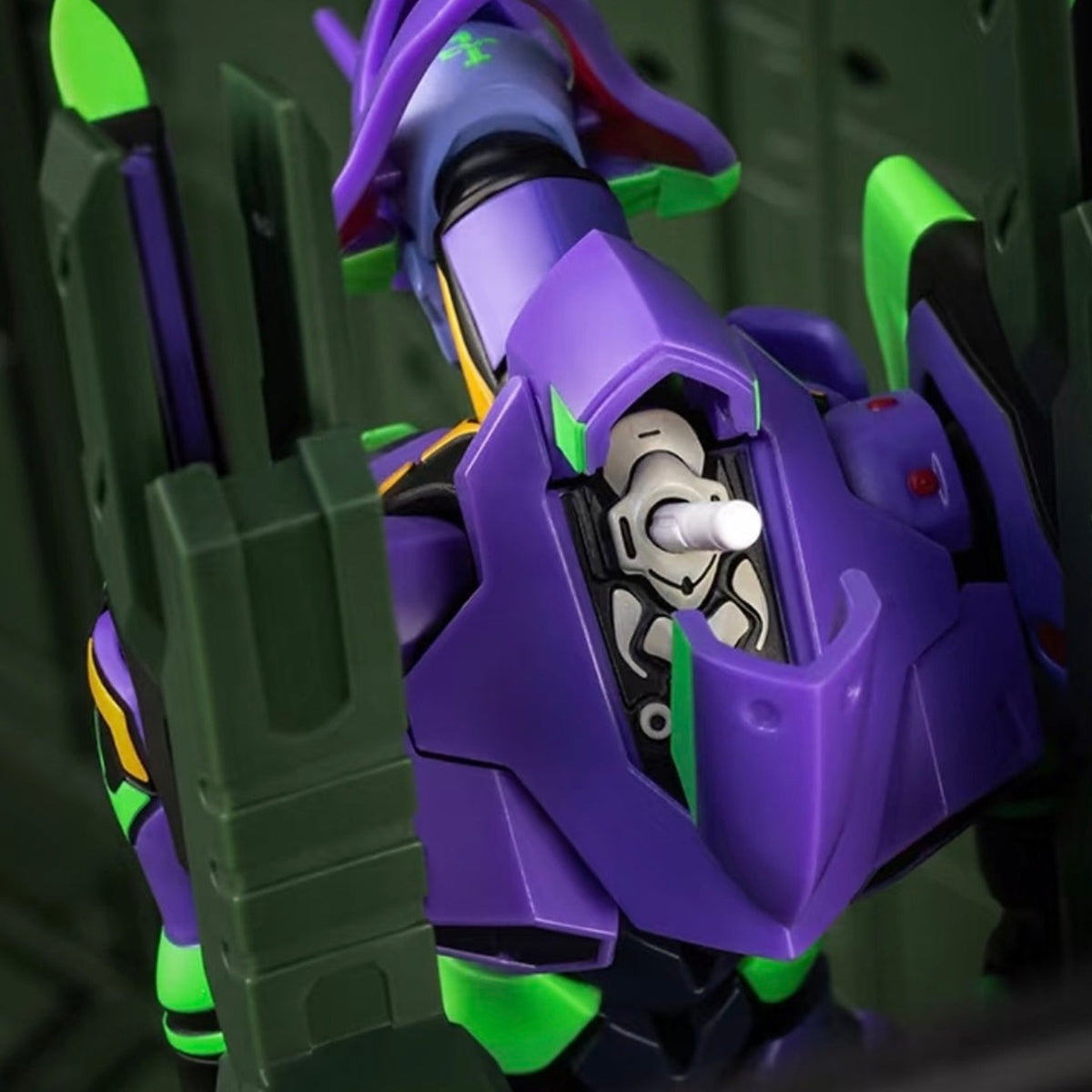 Evangelion EVA-01 alloy action figure, close view of the purple shoulder armor and internal joint