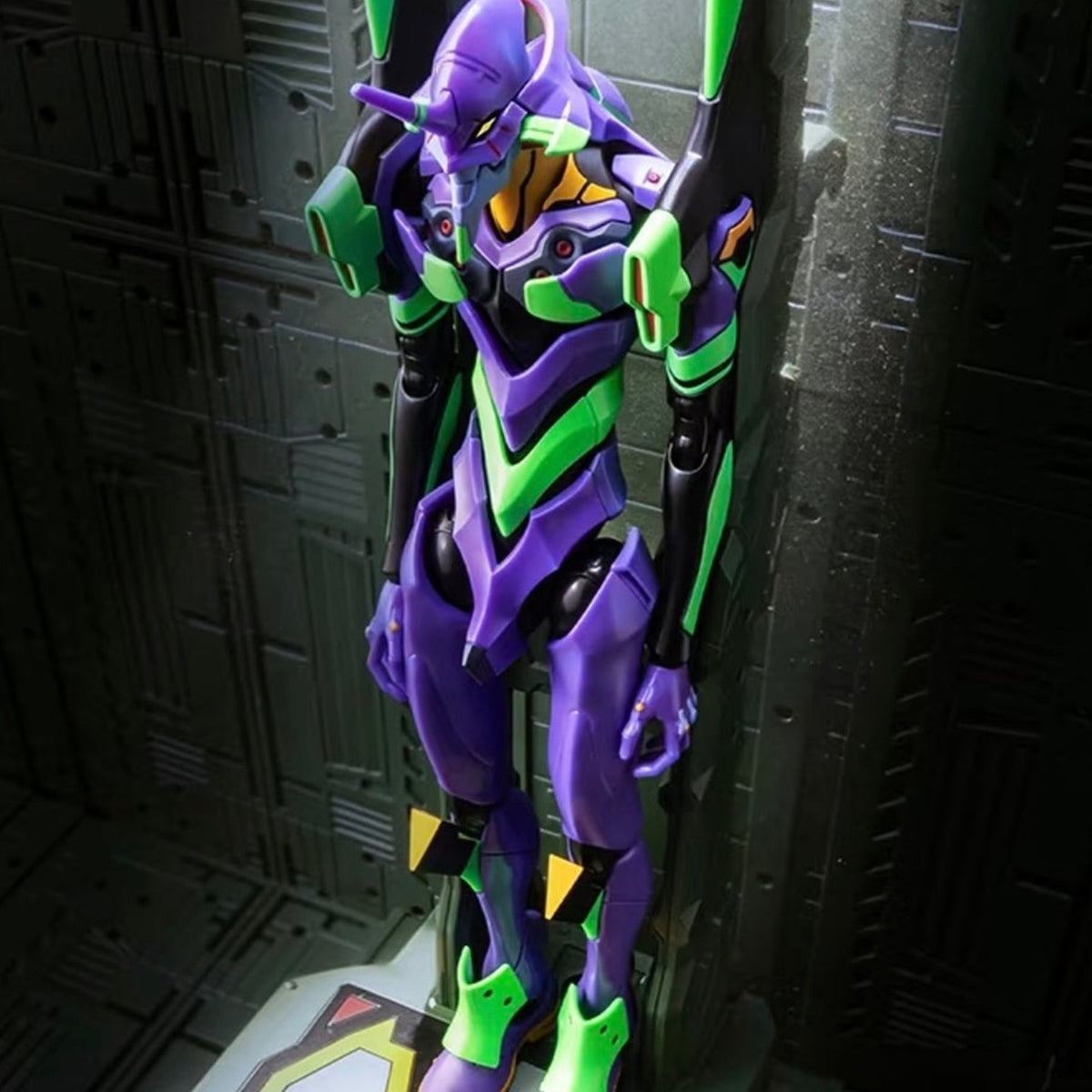 Evangelion EVA-01 alloy action figure, standing display view in an industrial scene; background scenery not included