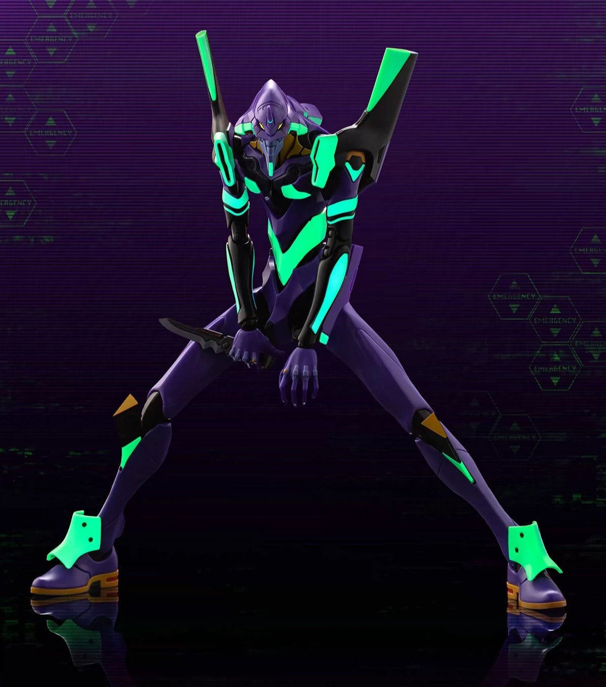Evangelion EVA-01 confirmed alloy action figure, complete wide stance against a purple background