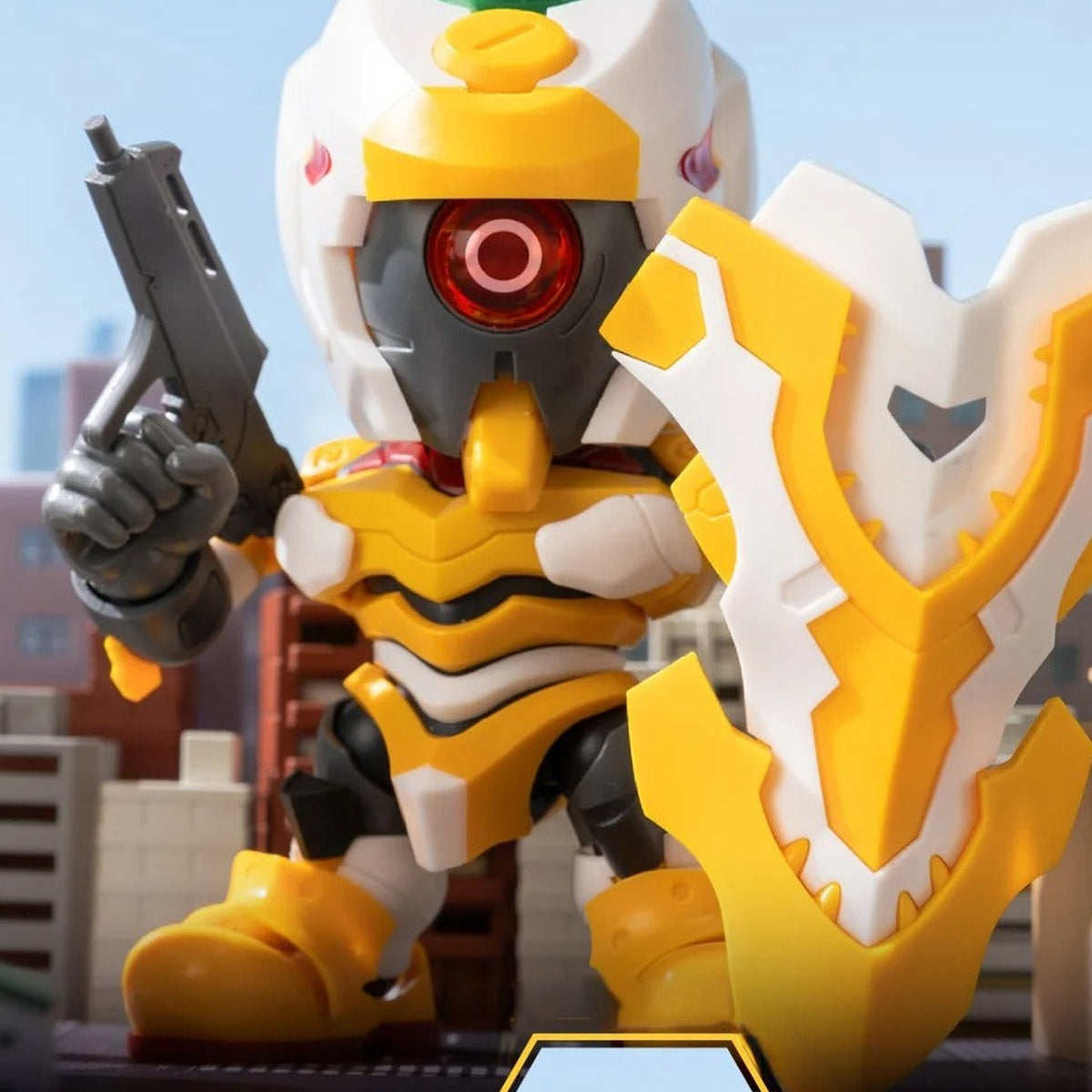 EVANGELION Highly Articulated Model Kit Action Figure Blind Box - White and yellow model design with shield; upper head and outer shield cropped; random design not guaranteed; display props not included
