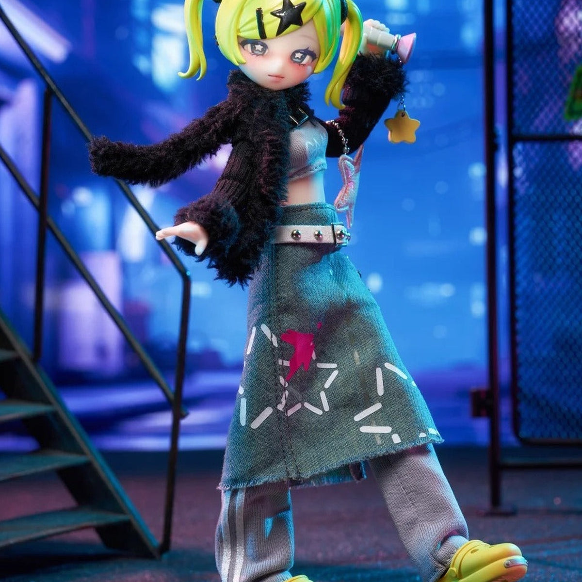 Eve Lynna green-haired series figure with dark jacket and denim-style skirt details; series example