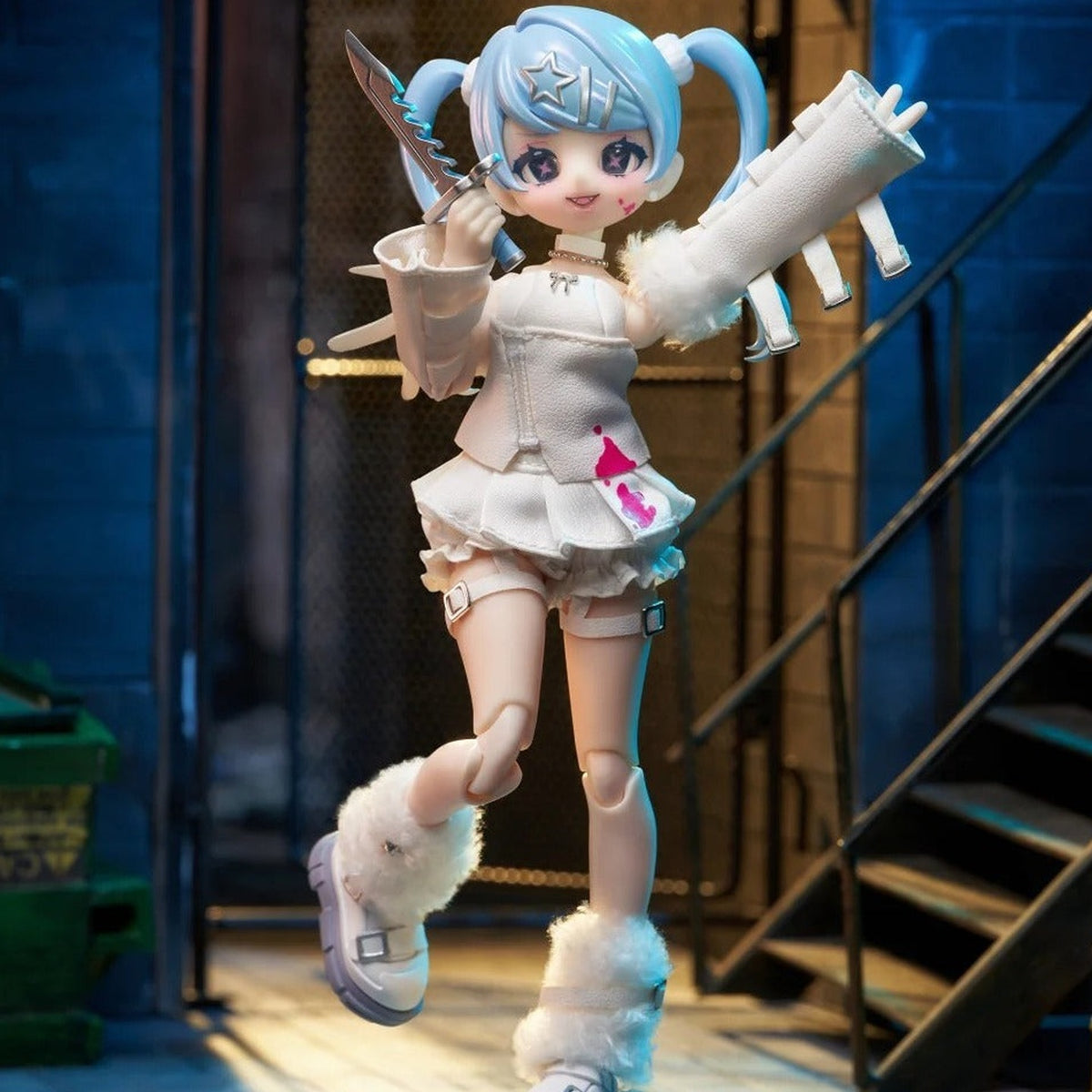 Eve Lynna pale-blue-haired series figure with white outfit, hood and boots detail; series example