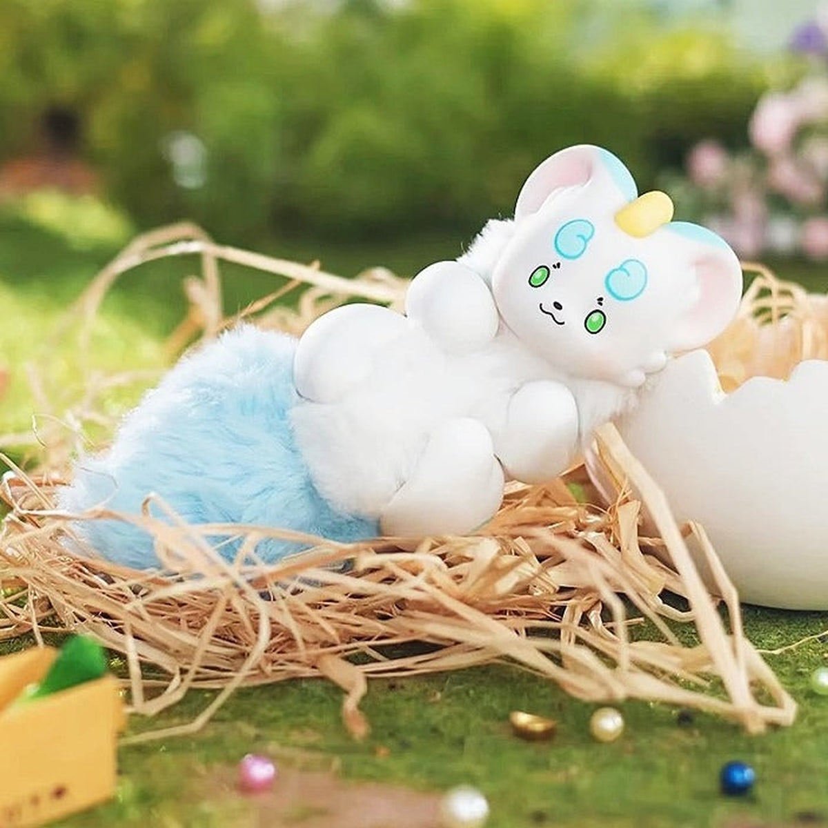 Fabulous Beasts Palm Have Spirit Series Plush Blind Box - Tianlu blue-tail plush design with blue face markings; basket and egg-shaped display props not included; random design not guaranteed; display props not included