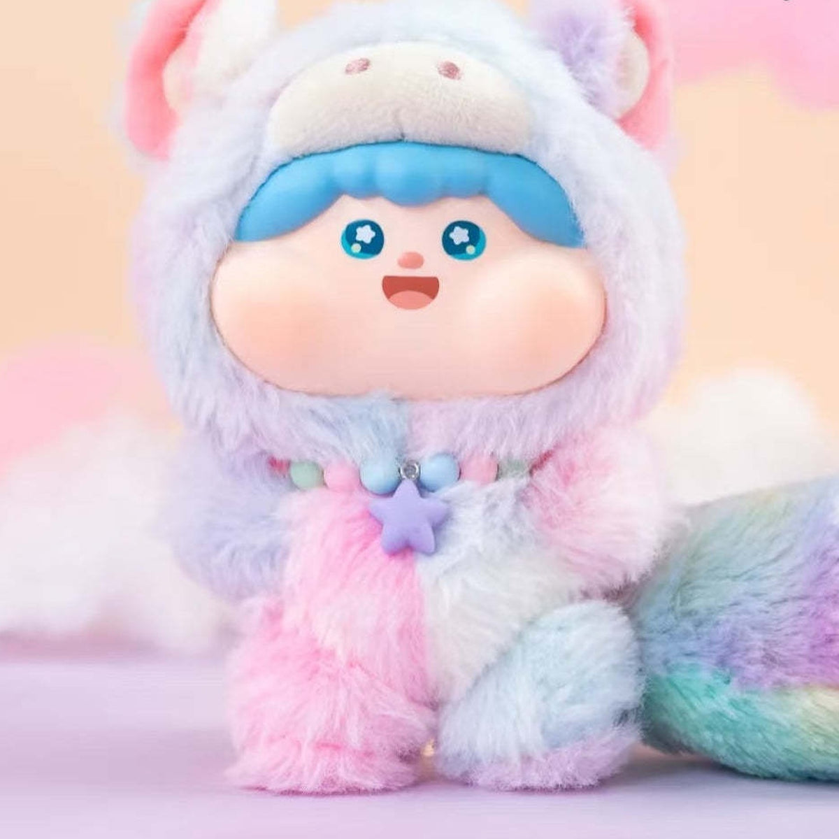 Fluffy Meatball V2 Vinyl Plush Dolls, Blind Box - Blue hair plush detail with upper ears cropped; random design not guaranteed
