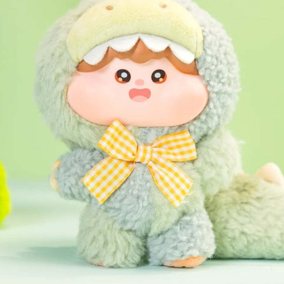Fluffy Meatball V2 Vinyl Plush Dolls, Blind Box - Green plush detail with upper head cropped; random design not guaranteed
