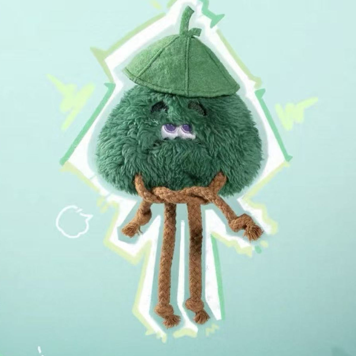 Fluffy Weather Bureau green plush charm design example with a pointed hat; random design is not selectable