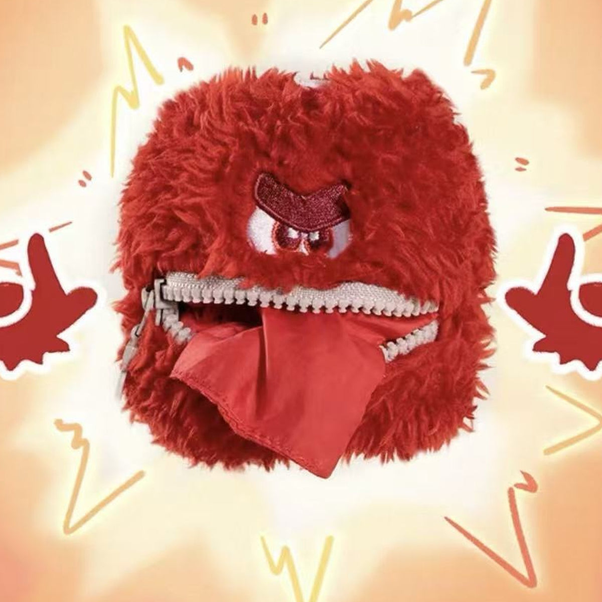 Fluffy Weather Bureau red plush charm design example with a zipper mouth; random design is not selectable